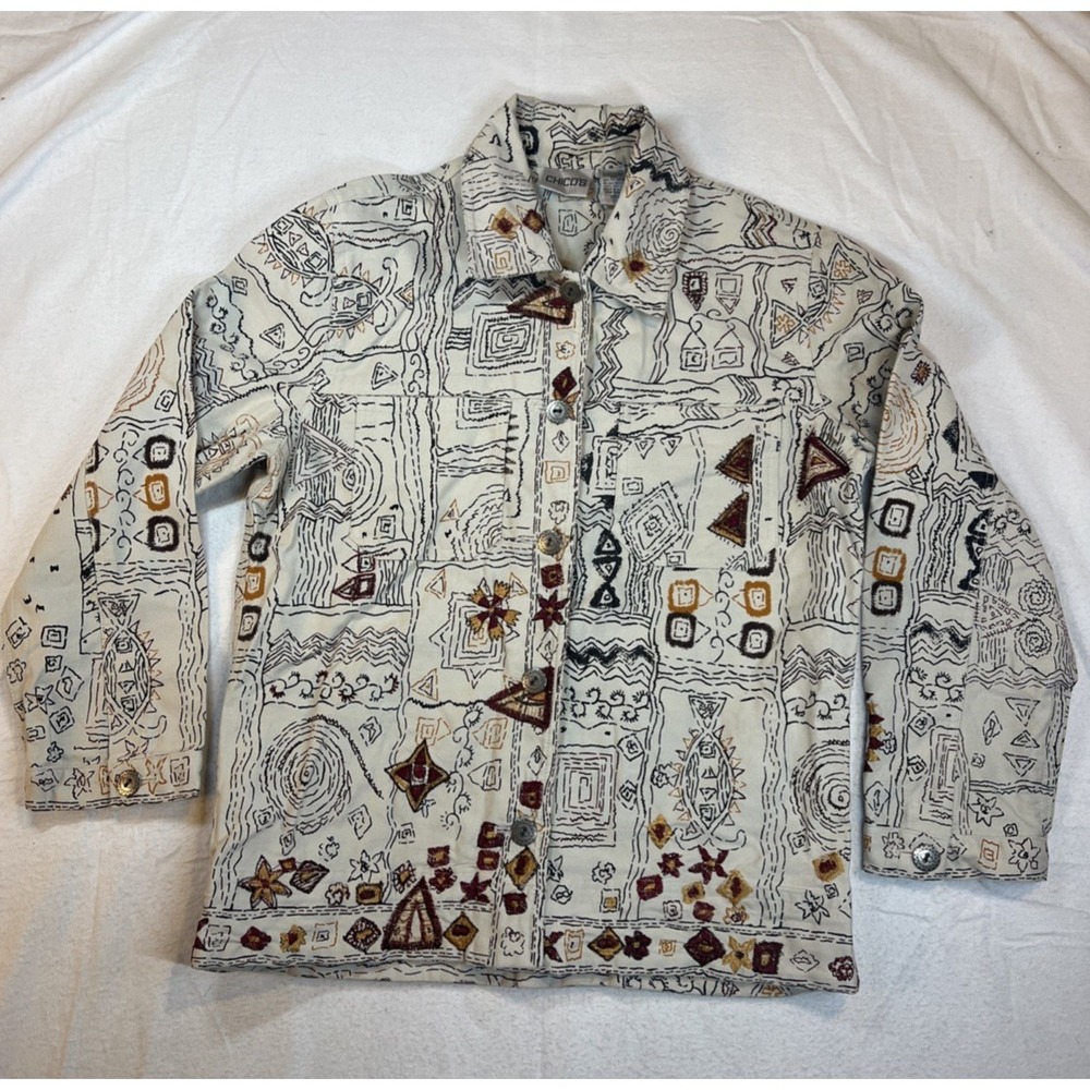 Chico's Beige Denim Jacket Boho Artisan Core Aztec Geometric Pattern Size 0 (Sm)